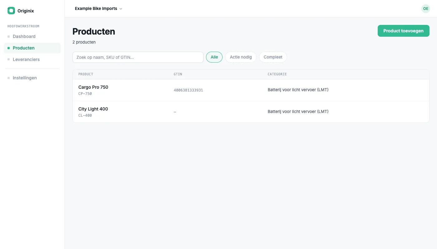 The Originix dashboard: how complete each product's passport is, how many fields are still open, and whether each supplier has answered the request yet.